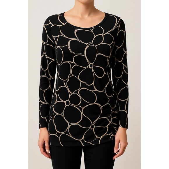 Chico's Travelers Black Beige Abstract Floral Tunic Top Size 3 - Picture 1 of 7